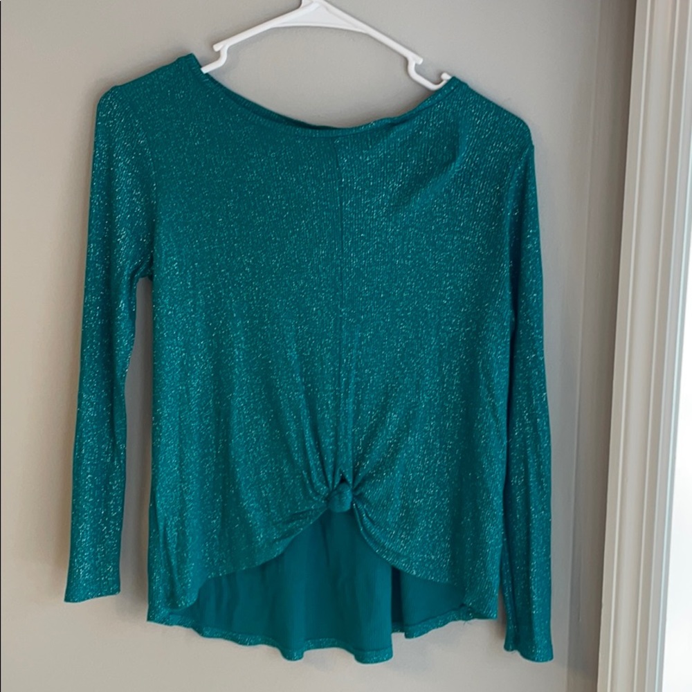 Emerald Green Sparkly Long-Sleeved Knotted Shirt